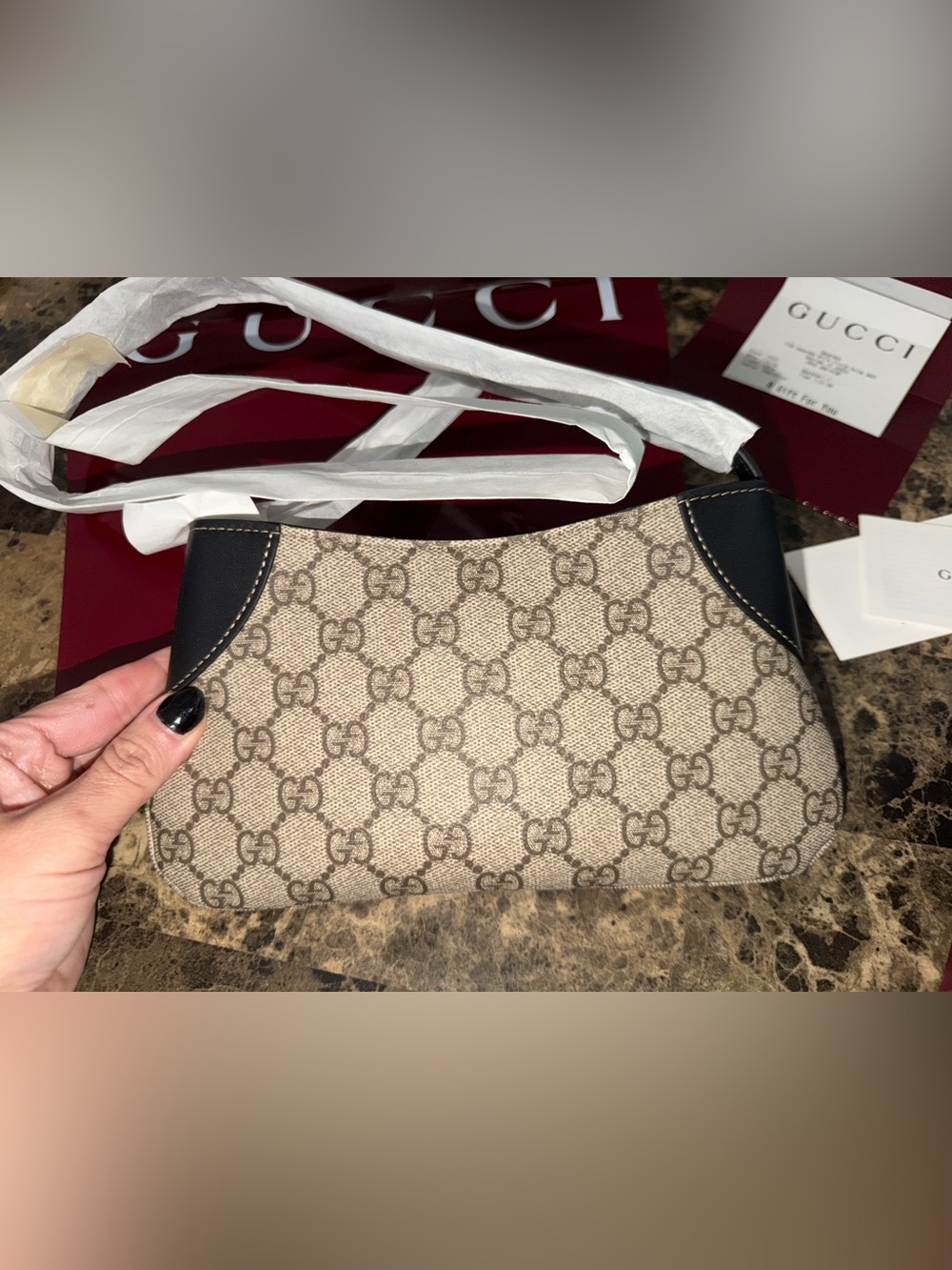 New Gucci GG Supreme Canvas Small Shoulder Bag Beige Ebony Black Leather w/ Box